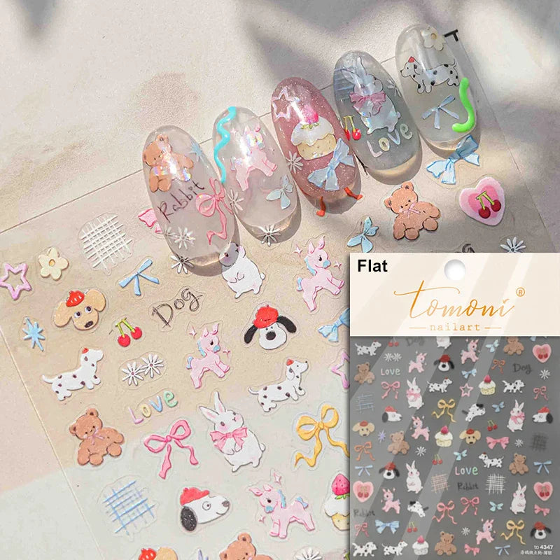Cream Wind Cat Rabbit Kitten Bunny Bowknot Flower Butterfly Cake Cherry Tulip 5D Self Adhesive Nail Art Stickers Manicure Decals (Online Order Only)