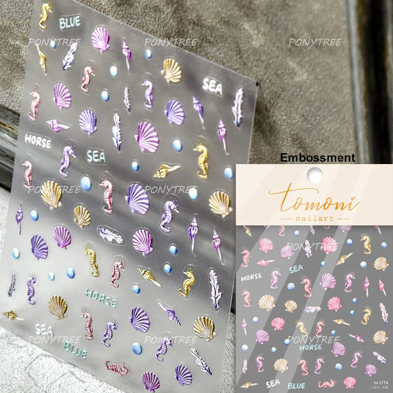 Pink Star Oceanic Shell Starfish Conch Bowknot Embossment Shiny Delicate 5D Chic Self Adhesive Nail Art Stickers Manicure Decals (Online Order Only)