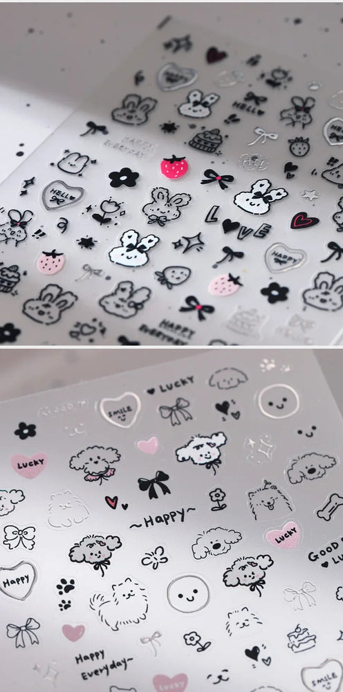 Dog Rabbit Line Bunny Footprint Bowknot Heart Cake Strawberry Flowers Bone Graffiti Adhesive Nail Art Stickers Manicure Decals (ONLINE ORDER ONLY)