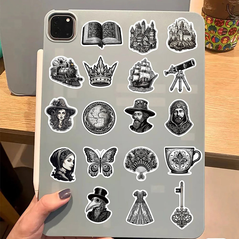 50PCS Black And White Medieval Style Sticker Graffiti Personality Trend Guitar Water Cup Computer Suitcase Sticker Wholesale﻿ (ONLINE ORDER ONLY)