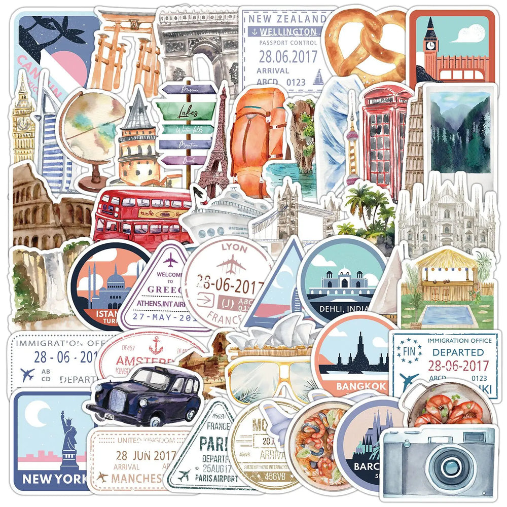 10/50PCS World Famous City Building Travel Postmark Stickers Aesthetic Decals Graffiti DIY Phone Suitcase Luggage Wall Sticker (ONLINE ORDER ONLY)