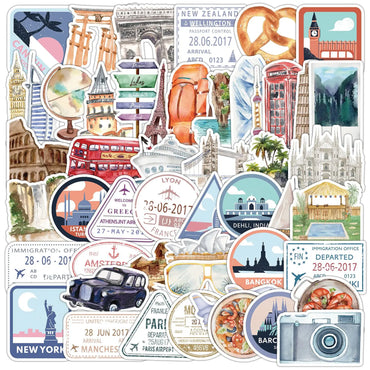 10/50PCS World Famous City Building Travel Postmark Stickers Aesthetic Decals Graffiti DIY Phone Suitcase Luggage Wall Sticker (ONLINE ORDER ONLY)