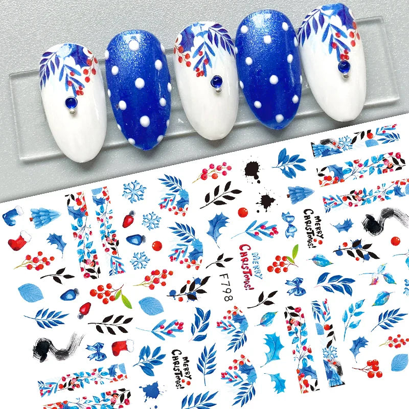 Christmas Greenery Nail Stickers Xmas Holly Animal Penguin Candy Winter Sliders Decor 2024 Holiday Decals Manicure Tips Foils *& (ONLINE ORDER ONLY)
