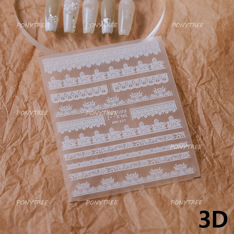 Retro White Lace Fabric Piece Bowknot English Letter Decorative Border Irregular Cloth Block Adhesive Nail Art Stickers Decals (ONLINE ORDER ONLY)