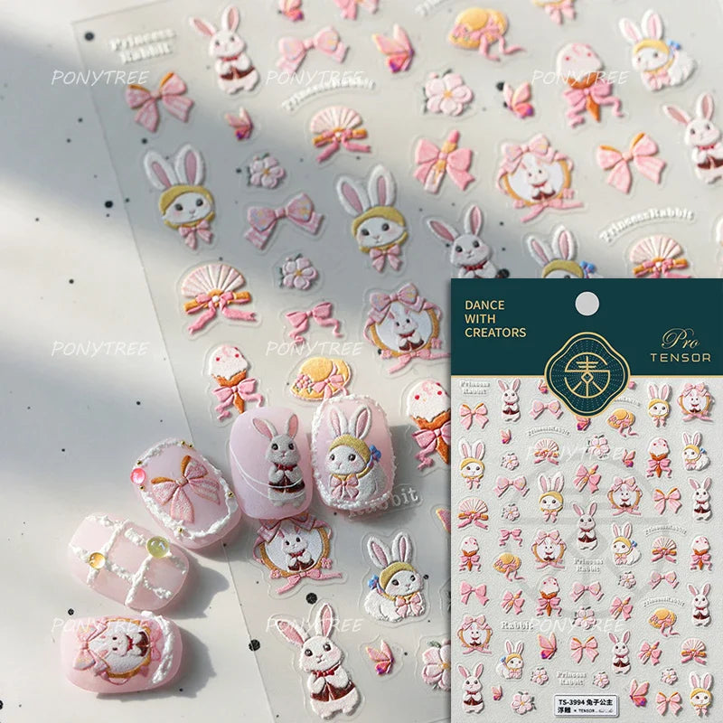 Rabbit Bunny Bear Flower Lace Bowknot Retro Frame Rose Self Adhesive Nail Art Decoration Stickers Chic Manicure Decals Wholesale (ONLINE ORDER ONLY)