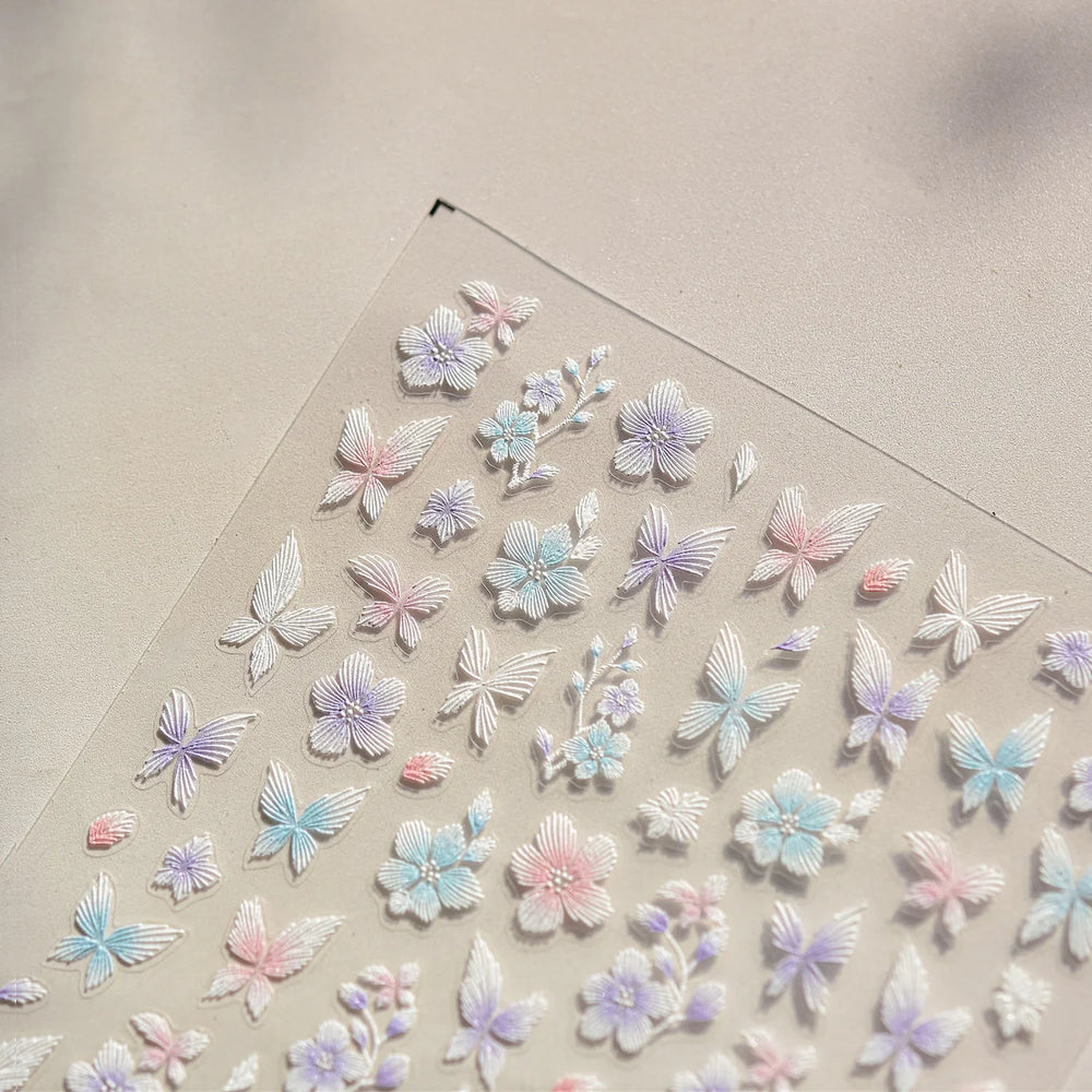 Embroidered Butterfly Flower Colourful Gradient Morning Glory Leaves Self Adhesive Nail Art Stickers Rhinestone Manicure Decals (ONLINE ORDER ONLY)