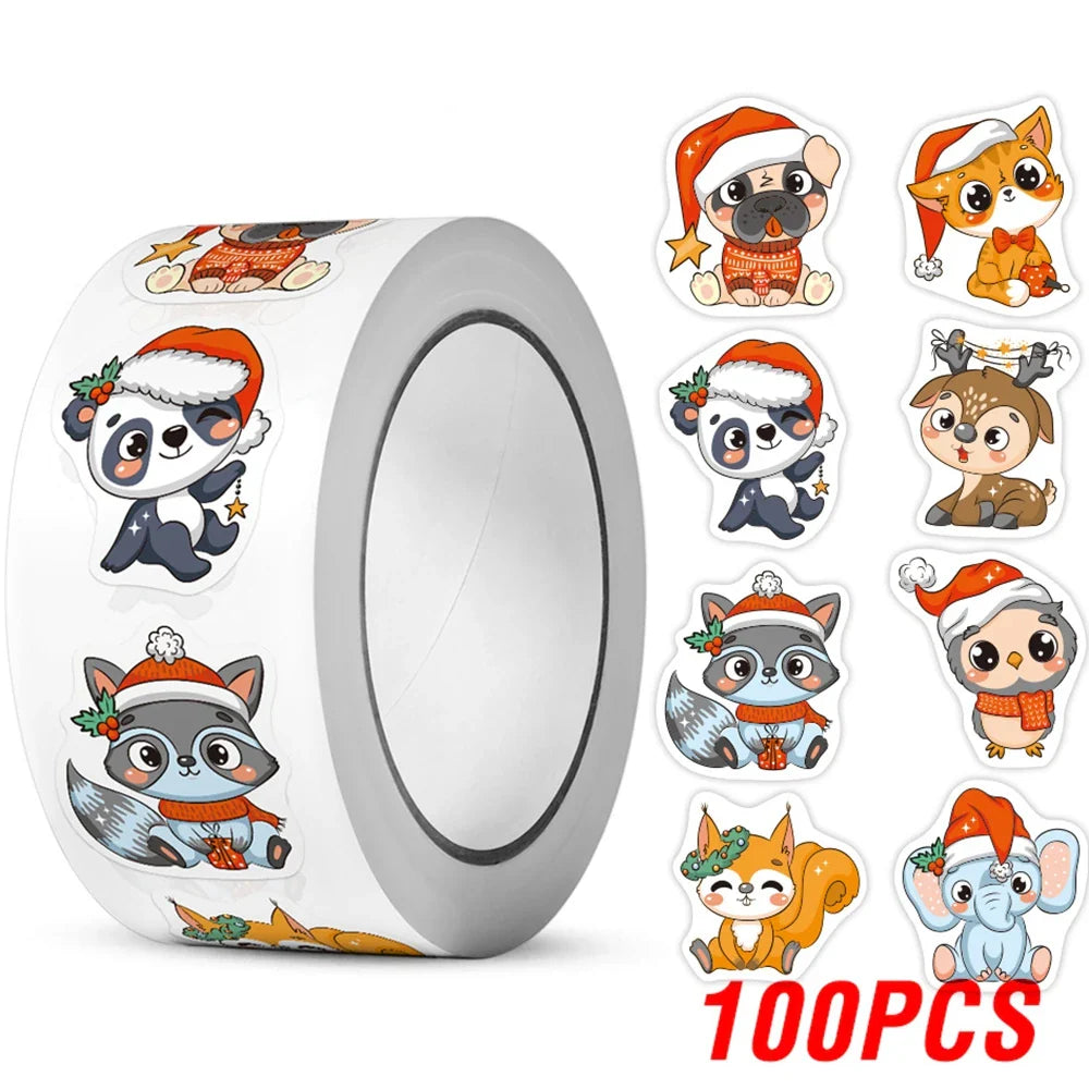 100-500pcs Heterotypic Christmas Themed Animals Stickers 8 Designs 2.5cm/1.0'' DlY Graffiti Holiday Party Decoration Labels (ONLINE ORDER ONLY)