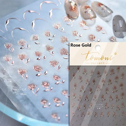 Gradient Coloredful Flower Petal Green Leaf Dreamy Shiny Chinese Rose Fantasy Relief Adhesive Nail Art Stickers Manicure Decals (Online Order Only)