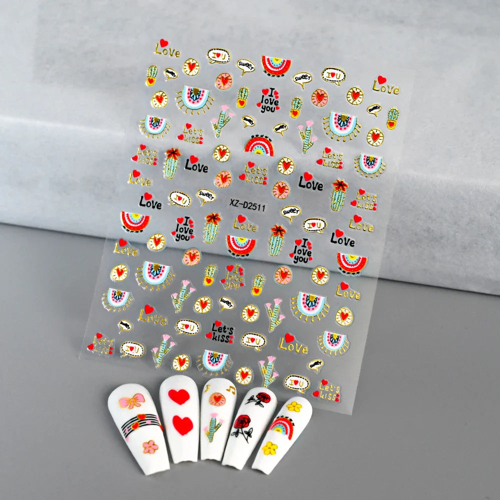 1PC Holographic Laser Heart Nail Stickers-3D Self-Adhesive Golden White Valentines Day Nail Decals For Women Nail Art Decoration (ONLINE ORDER ONLY)