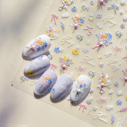 Cute Spring Flowers Purple Blue White Bowknot Rose Garden Daisy 5D Soft Embossed Relief Adhesive Nail Art Sticker Manicure Decal (ONLINE ORDER ONLY)