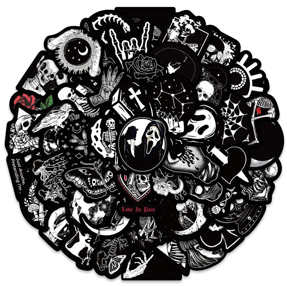 50PCS Horror Black White Death Graffiti Halloween Gothic Sticker Motorcycle Laptop Phone Helmet Car Stationery Bike Cool Decals (ONLINE ORDER ONLY)
