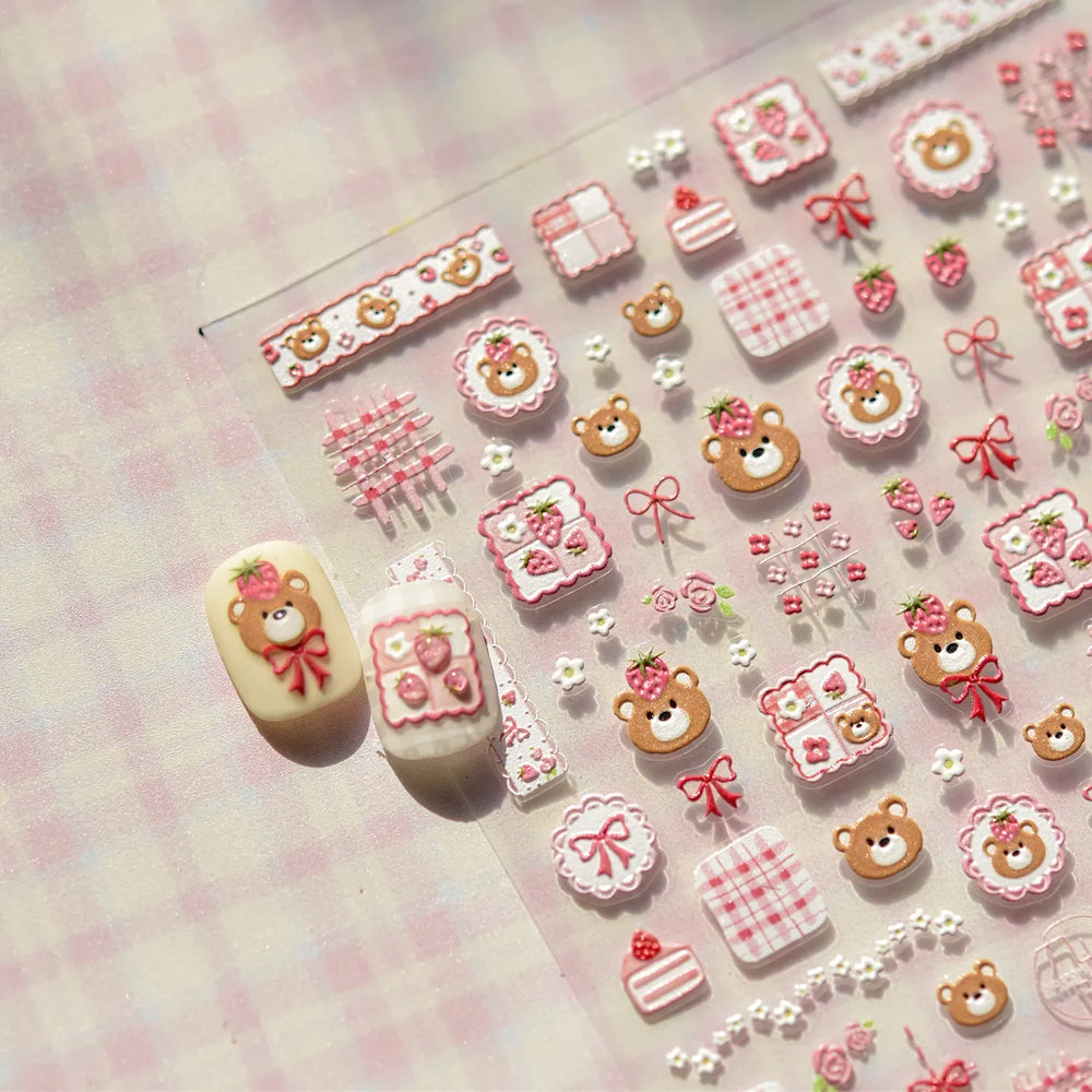 Lovely Bear Strawberry Cake Rose Flower Grid Block Bowknot Embossed Relief Self Adhesive Nail Art Sticker Cute 3D Manicure Decal (ONLINE ORDER ONLY)