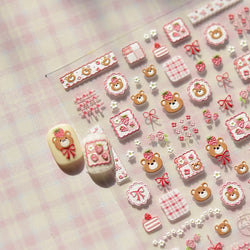 Lovely Bear Strawberry Cake Rose Flower Grid Block Bowknot Embossed Relief Self Adhesive Nail Art Sticker Cute 3D Manicure Decal (ONLINE ORDER ONLY)