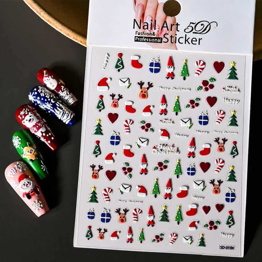 Cute Deer Christmas Nail Stickers 5D Embossed Elk Star Gingerbread Man Snowflake Santa Claus Holly DIY Winter Engraved Manicure* (ONLINE ORDER ONLY)