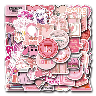 10/30/60PCS Cute Pink Reading Book Bookish Stickers Cartoon Decals DIY Decoration Notebook Laptop Phone Luggage Car Graffiti Toy (Online Order Only)