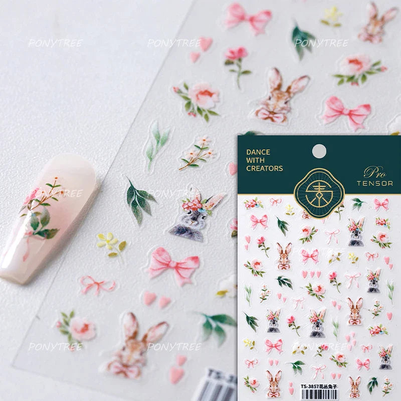 Cute Rabbit Fan Peach Blossom Teacup Lollipop Strawberry Star Cherry Hat Soft Embossed Adhesive Nail Art Stickers Manicure Decal (ONLINE ORDER ONLY)