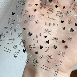 1Pc 3D Cute Black Silver Smile Dog Decals Y2K Cartoon Cat Footprint Nail Stickers Graffiti Star Heart DIY Manicure Slider Decor* (ONLINE ORDER ONLY)