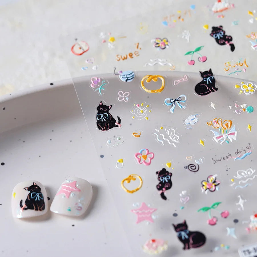Cat Kitten Mewing Flower Star Bowknot Sweet Cherry Cake Food Line Sun Apple Heart Self Adhesive Nail Art Stickers Manicure Decal (Online Order Only)
