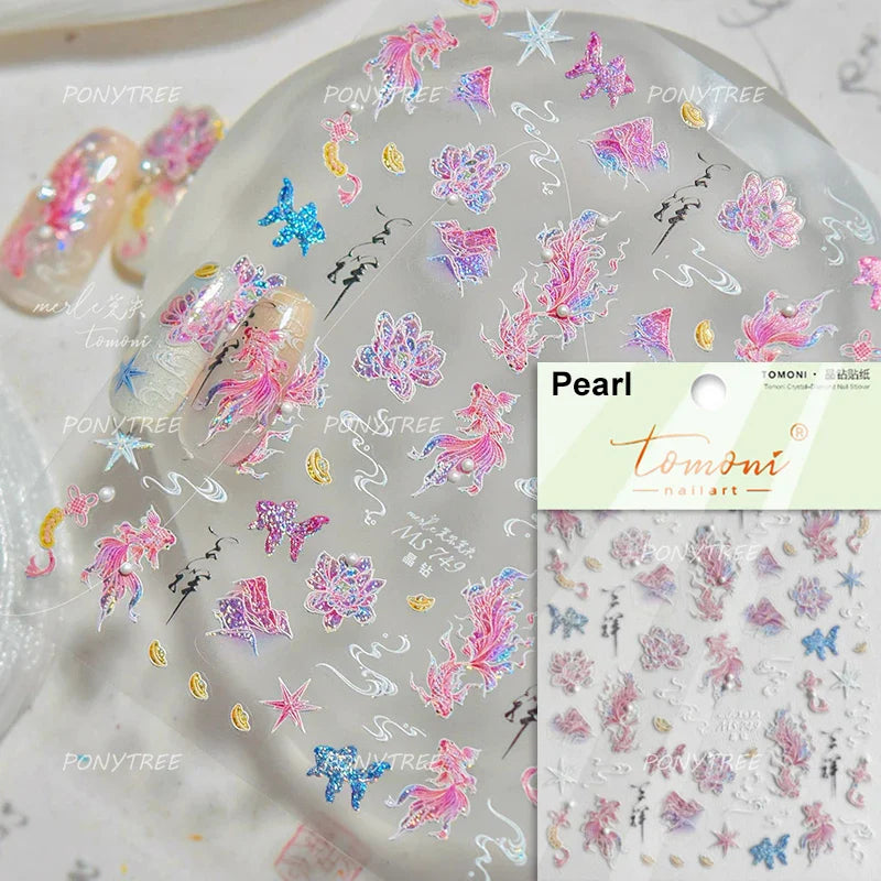 Pink Lotus Flower Red Gold Koi Carp Fish Tail Fancy Carp Self Adhesive Nail Art Decorations Stickers Manicure Decals Wholesale (ONLINE ORDER ONLY)
