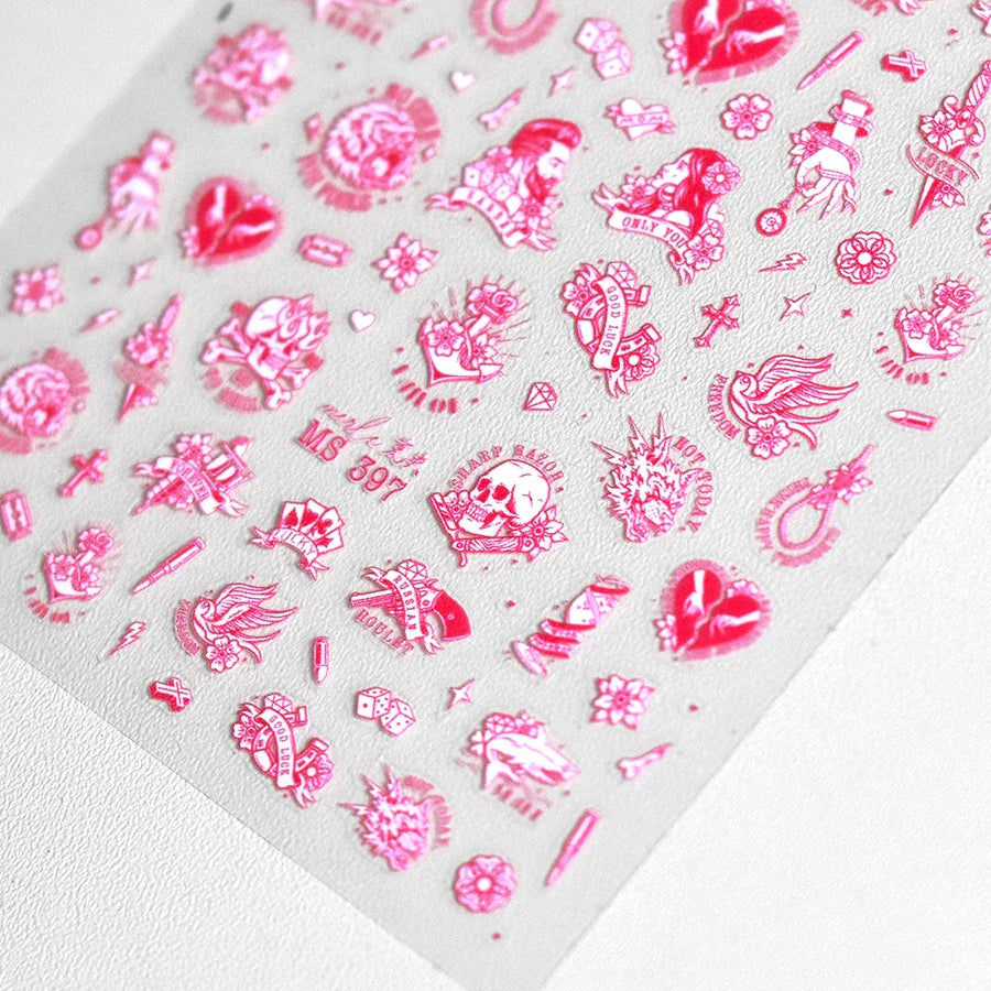 Retro Black Line Skull Man Woman 5D Embossed Relief Self Adhesive Nail Art Sticker Bear Bunny Hand Bird Horror 3D Manicure Decal (Online Order Only)