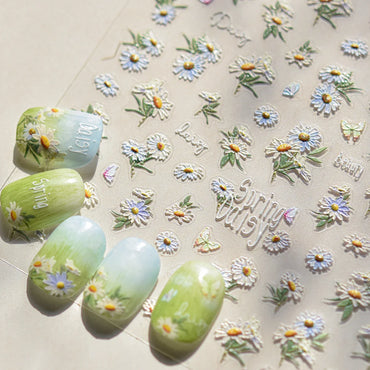 Rural Style White Daisy Flower Butterfly Small Wildflowers 5D Soft Embossed Relief Adhesive Nail Art Stickers 3D Manicure Decals (ONLINE ORDER ONLY)