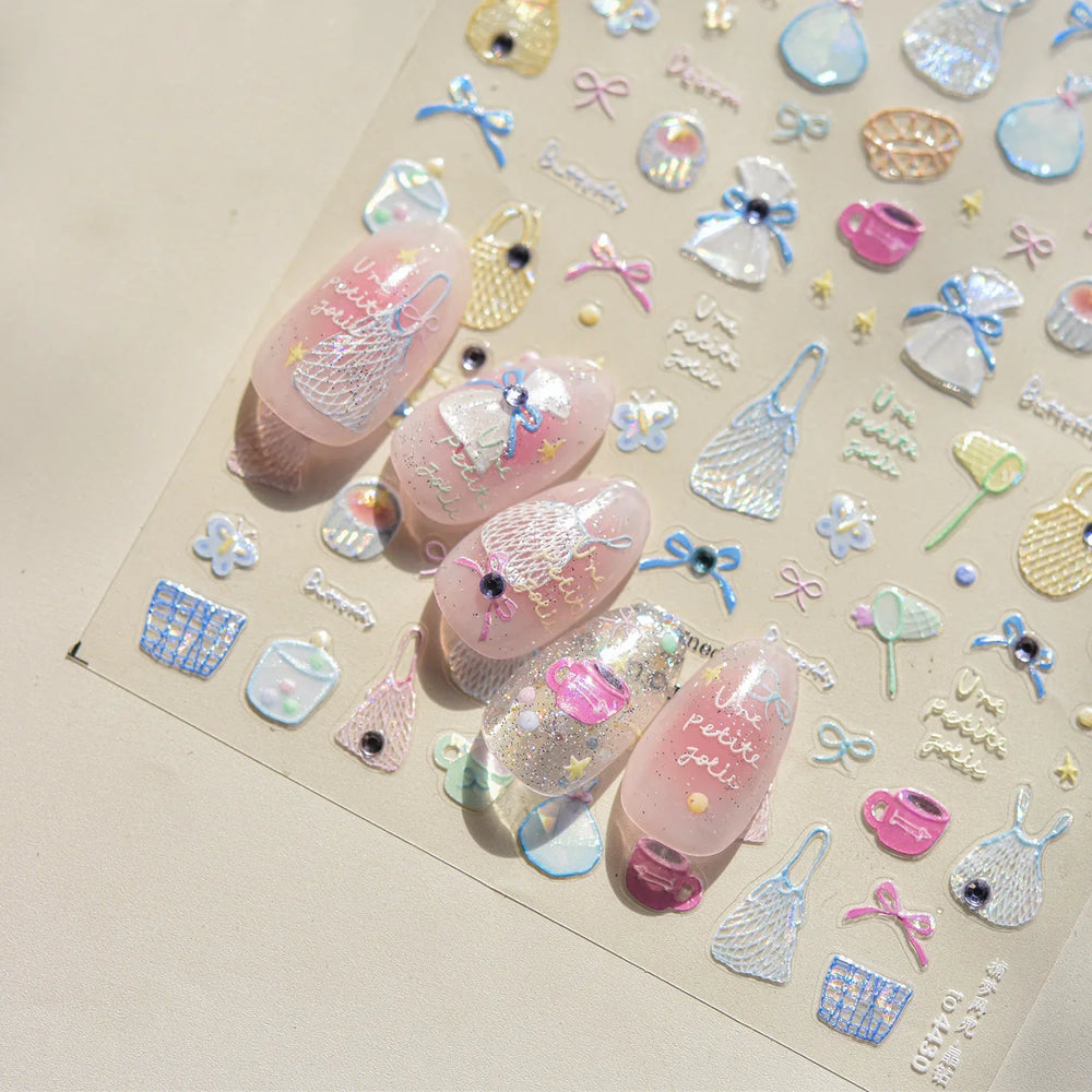 Cute Dream Catcher Net Bag Water Cup Woven Mesh Star Dreamy Bowknot Butterfly Embossed Adhesive Nail Art Sticker Manicure Decal (ONLINE ORDER ONLY)