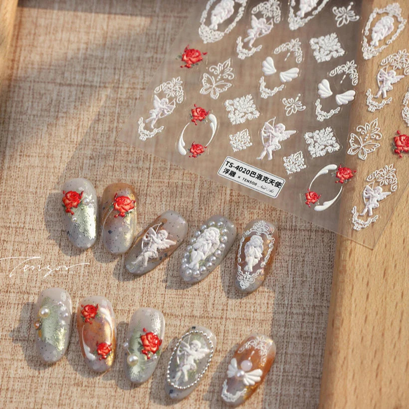 Baroque Angel Archery Wing Butterfly Retro Totem European Border Rose Flower Lace Chic Adhesive Nail Art Sticker Manicure Decals (ONLINE ORDER ONLY)