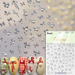 Simple Line Bowknot Red Gold Silver Laser Pink Hot Stamping 3D Self Adhesive Nail Art Stickers Pearl Rhinestone Manicure Decals (ONLINE ORDER ONLY)