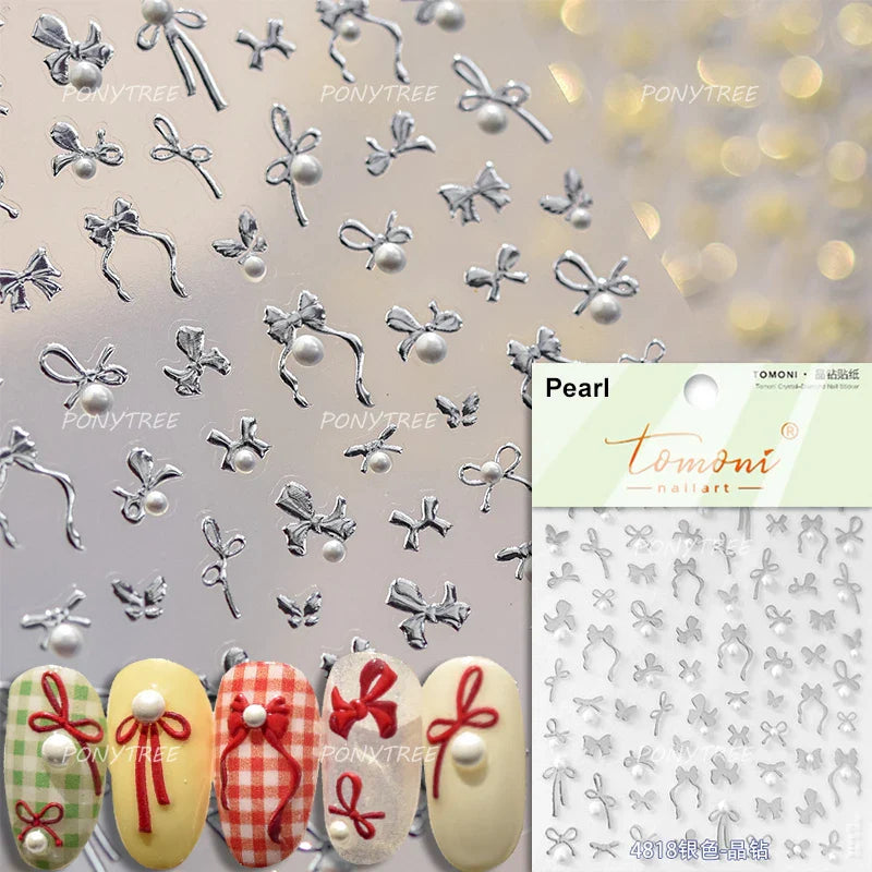 Pink White Bowknot Jelly Knot Lace Delicate Decorative Border Shiny 5D Self Adhesive Nail Art Stickers Manicure Decals Wholesale (Online Order Only)