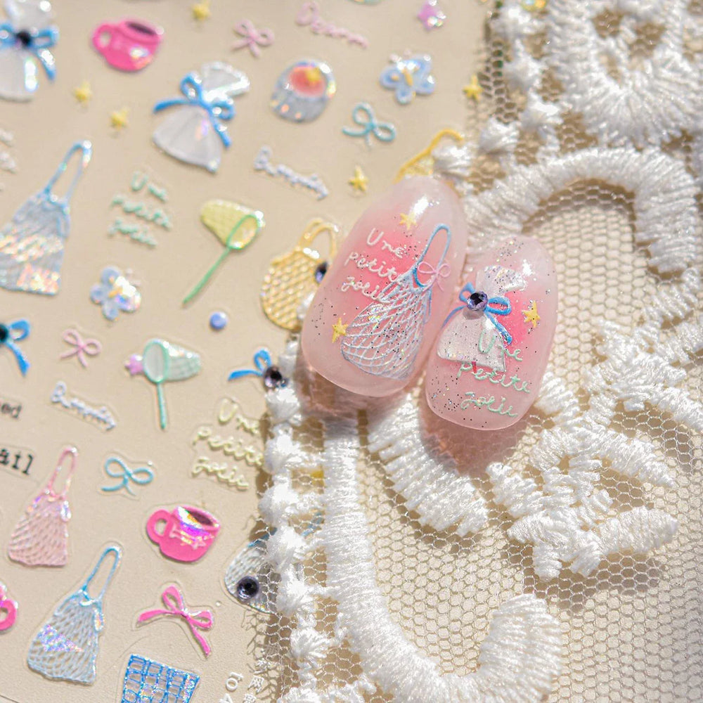 Cute Dream Catcher Net Bag Water Cup Woven Mesh Star Dreamy Bowknot Butterfly Embossed Adhesive Nail Art Sticker Manicure Decal (ONLINE ORDER ONLY)