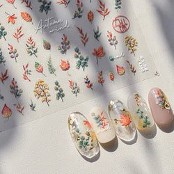 Autumn Fall Maple Leaves Ginkgo Leaf Osmanthus Chrysanthemums Rabbit Bunny Plant Flower Relief Nail Art Sticker Decoration Decal (ONLINE ORDER ONLY)