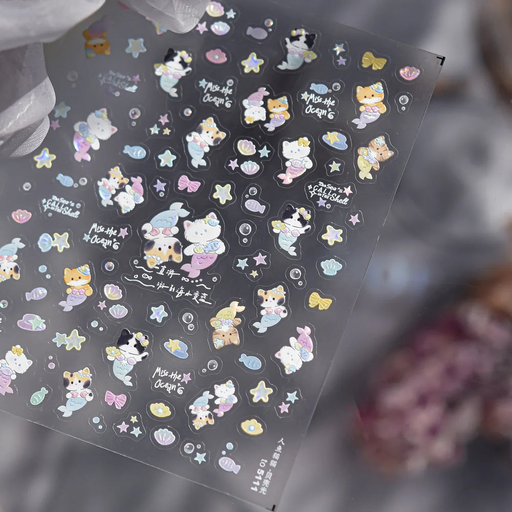 Colourful Ray Jellyfish Otter Cat Mermaid Octopus Starfish Bubbles Conch Shell Bowknot Summer Marine Nail Art Stickers Decals (ONLINE ORDER ONLY)