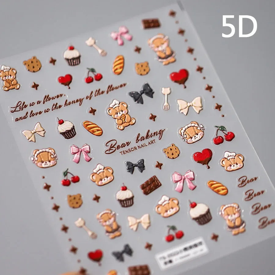 Chic Cute Cheese Ice Cream Pudding Bowknot Strawberry Muffin Stars Cake Embossed Heart Adhesive Nail Art Sticker Manicure Decals (ONLINE ORDER ONLY)