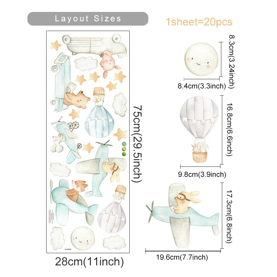 Cute Animal Airplane Star Wall Stickers Removable Decals for Bedroom Nursery Decor (ONLINE ORDER ONLY)