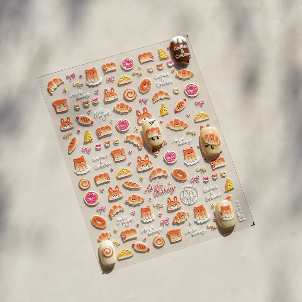 Cute Food Dog Baking Cookies Bread Rabbit Cheese Pudding Croissant Doughnut Adhesive Nail Art Decoration Sticker Manicure Decals (ONLINE ORDER ONLY)