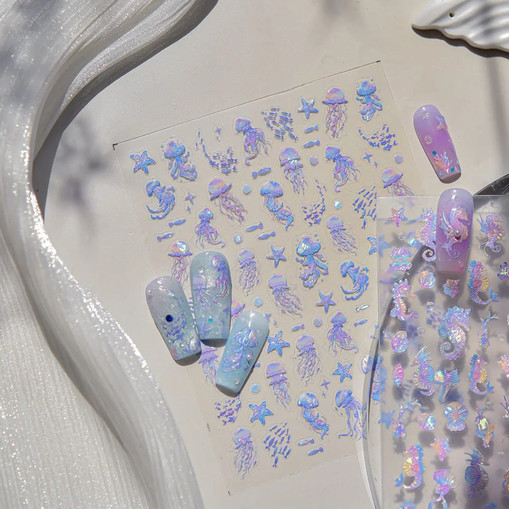Jellyfish Schools of Fish Shoal Mermaid Tail Seahorse Dreamy Ocean Starfish Shell Coral Adhesive Nail Art Sticker Manicure Decal (ONLINE ORDER ONLY)