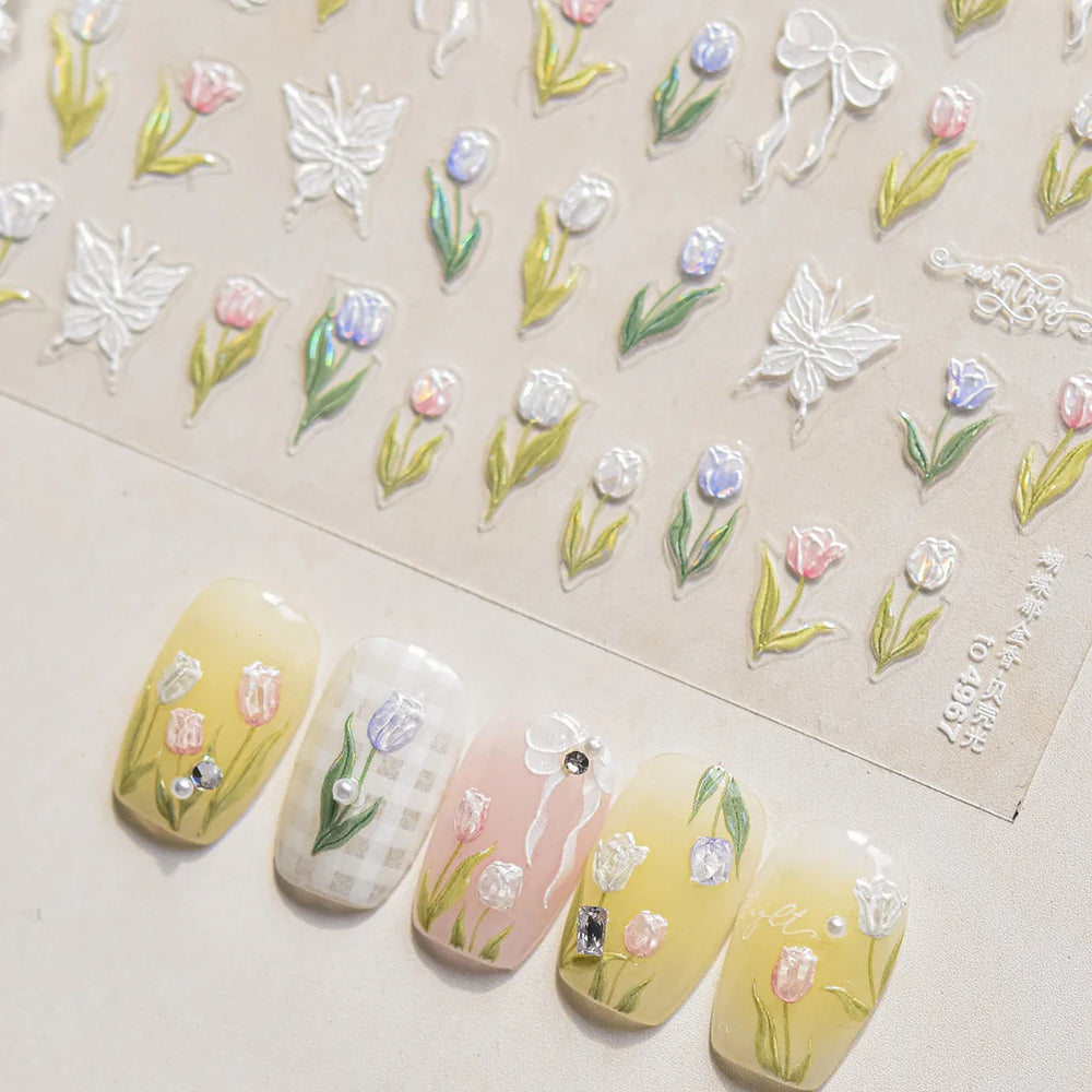 Dreamy White Lace Bowknot Purple Pink Gradual Tulip Flower Butterfly Garden Relief Adhesive Nail Art Stickers Manicure Decals (Online Order Only)