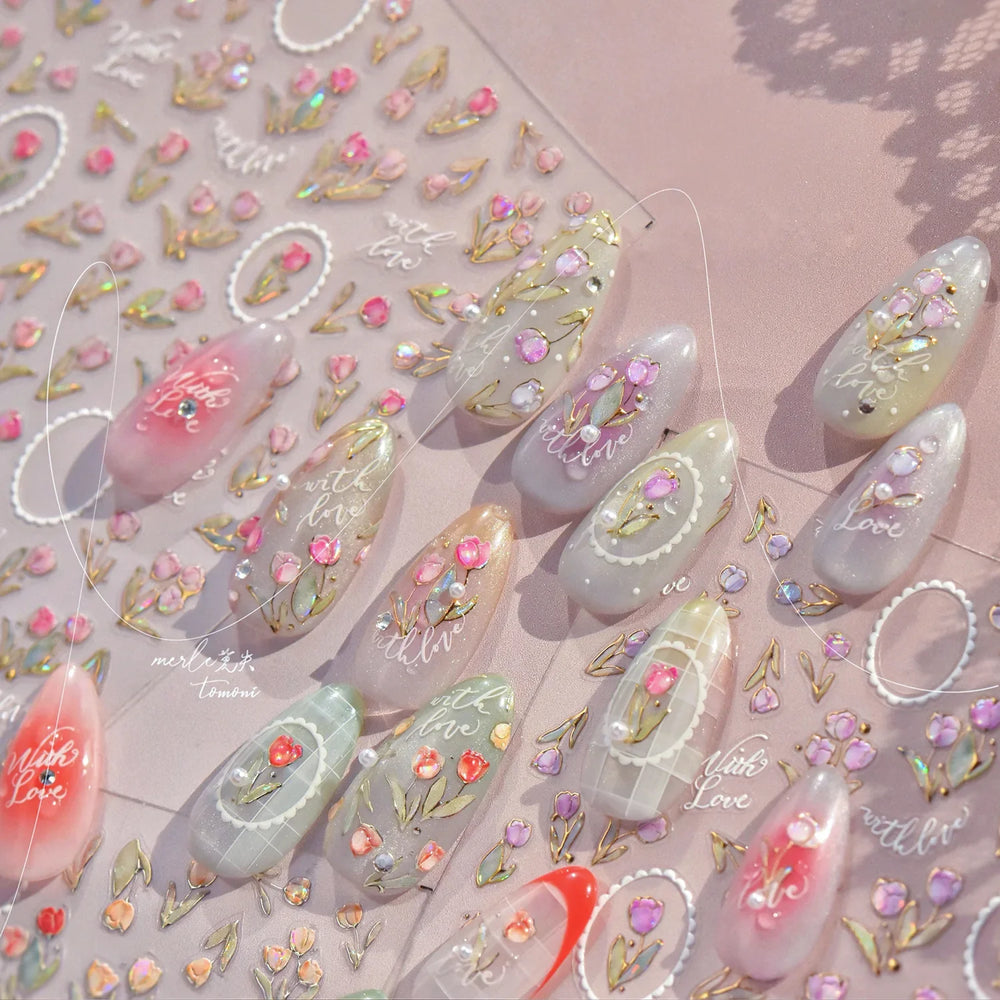 Retro Border Colourful Pink Purple Tulip Flower Bouquet Garden Fragrant 5D Soft Relief Adhesive Nail Art Sticker Manicure Decals (ONLINE ORDER ONLY)