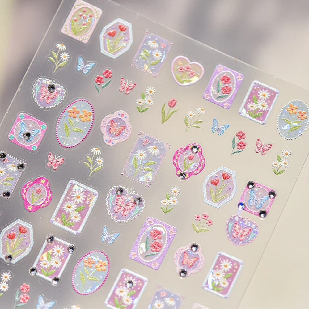 Retro Tulip Flowers Daisy Photo Frame Geometric Border Bowknot Butterfly Soft Relief Adhesive Nail Art Stickers Manicure Decals (ONLINE ORDER ONLY)