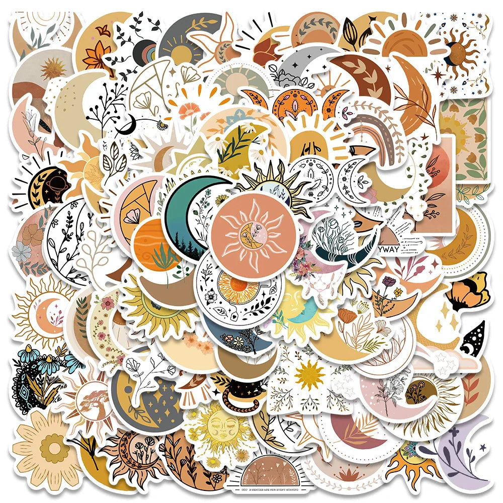 50PCS Boho Moon Sun Flower Stickers Waterproof Decals for Laptop Scrapbooking (ONLINE ORDER ONLY)