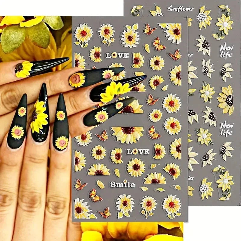 1pc Chic Sunflower 5D Nail Art Stickers Self-Adhesive Waterproof & Sustainable Decals for DIY Manicure Perfect for All Seasons * (ONLINE ORDER ONLY)