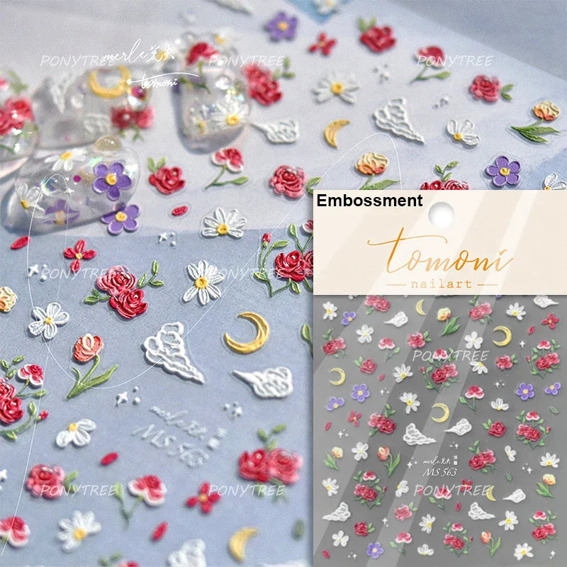 Retro Chinese Characters Charming Rich Peony Delicate Rose Flowers Soft Relief Adhesive Nail Art Stickers Chic Manicure Decals (ONLINE ORDER ONLY)