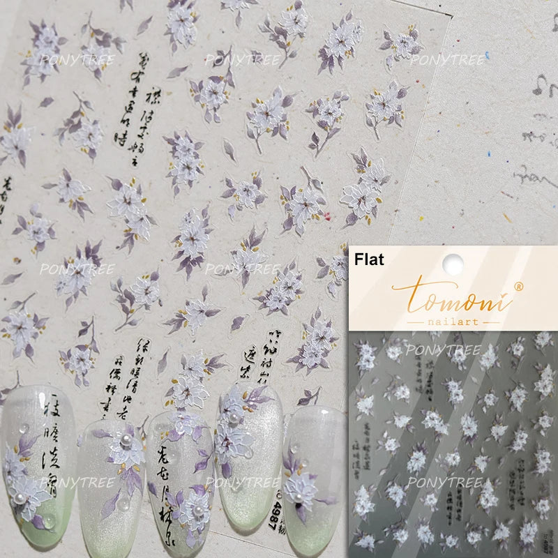 Wet Garden White Flower Leaves Elegant Beautiful Petal Delicate 5D 3D Charming Spring Adhesive Nail Art Stickers Manicure Decals (ONLINE ORDER ONLY)