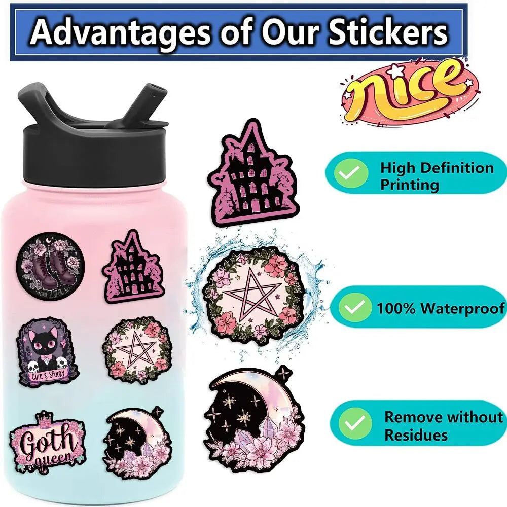 10/50pcs Cool Dark Pink Gothic Skull Graffiti Stickers Halloween Tarot Goth Decals DIY Scrapbook Luggage Waterproof PVC Sticker (ONLINE ORDER ONLY)