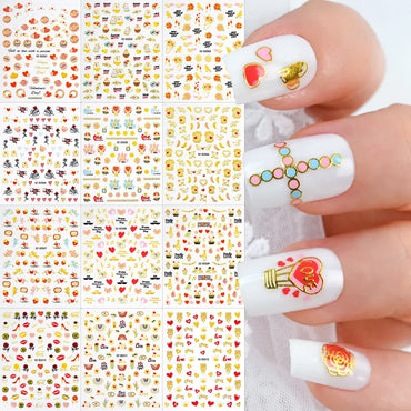 12Pcs 3D Golden Red Glitter Heart Love Nail Sticker Valentine Self Adhesive Cartoon Decal Geometry Lines Stripe Slider Manicure* (ONLINE ORDER ONLY)