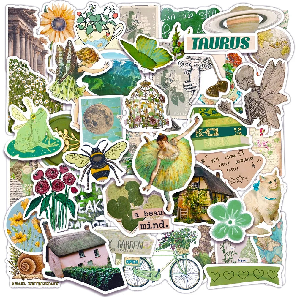Vintage Green Aesthetic Stickers Cartoon Decals for Laptop Phone Diary (Online Order Only)