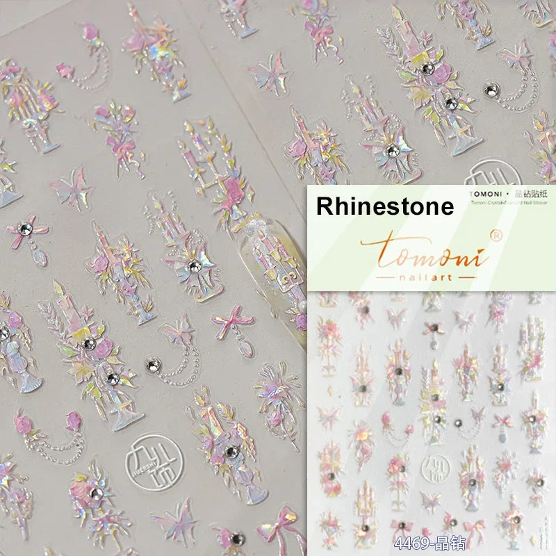 Gradient Coloredful Flower Petal Green Leaf Dreamy Shiny Chinese Rose Fantasy Relief Adhesive Nail Art Stickers Manicure Decals (Online Order Only)