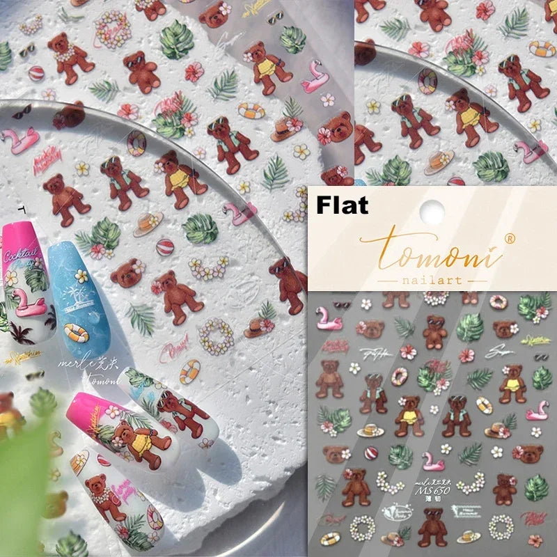 Retro Love Heart White Lace flower Bowknot Tie Pink Bear Flower Strawberry Adhesive Nail Art Stickers Rhinestone Manicure Decals (ONLINE ORDER ONLY)