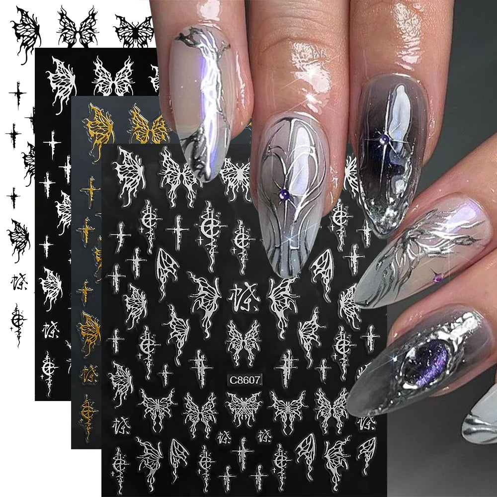 4pcs Elegant Metallic Butterfly Nail Art Stickers Holographic Silvery Chrome Effect Butterfly Sliders for Nails Manicure Decors* (ONLINE ORDER ONLY)