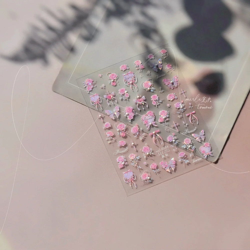 Pink Rose Flower Rambler Heart Bowknot Butterfly Shiny Soft Relief Adhesive Nail Art Stickers Romantic Spring 3D Manicure Decals (ONLINE ORDER ONLY)
